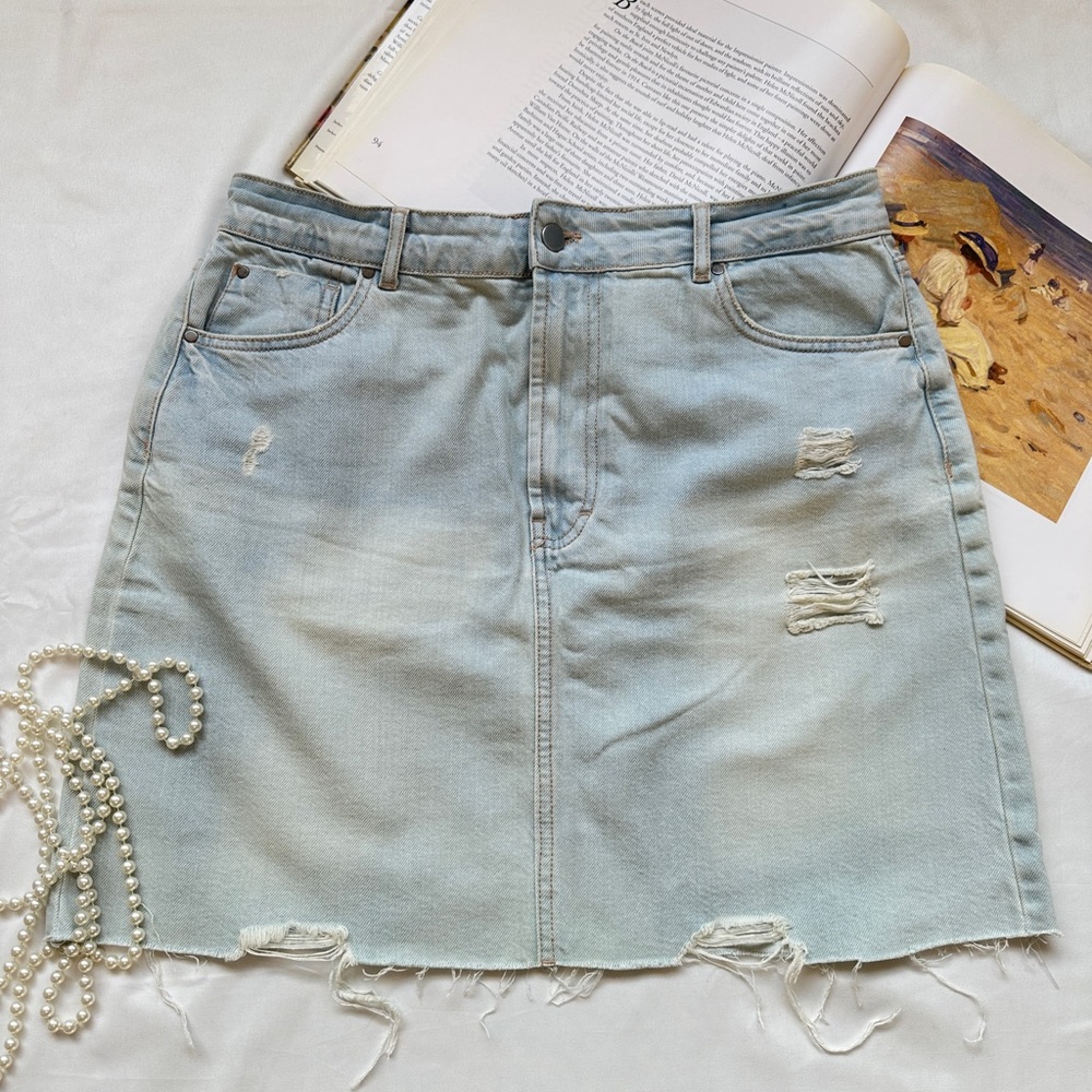 Light Blue Distressed Denim Skirt